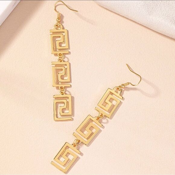 Greek Key Alloy Gold Plated Dangle Drop Earrings - Picture 7 of 9